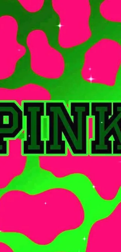 Vibrant pink and green pattern wallpaper with bold text 'PINK' in center.