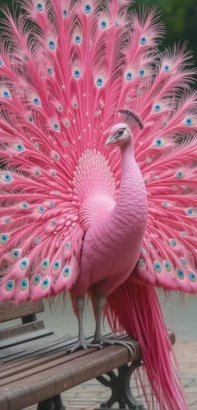 Pink peacock with full display of vibrant feathers.