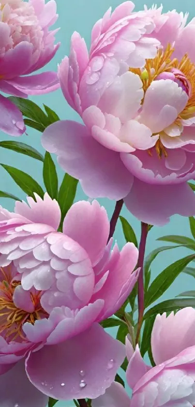 Pink peony blossoms with green leaves on a vibrant background.