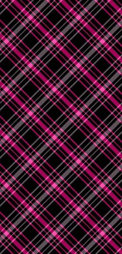 Vibrant pink plaid wallpaper with diagonal patterns on a black background.