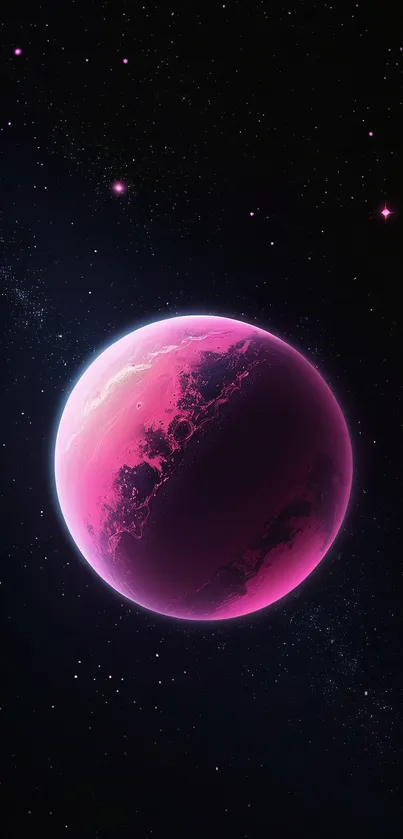 A vibrant pink planet against a cosmic black background.