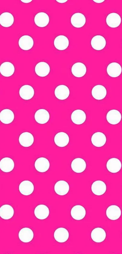 Vibrant pink wallpaper with white polka dots.