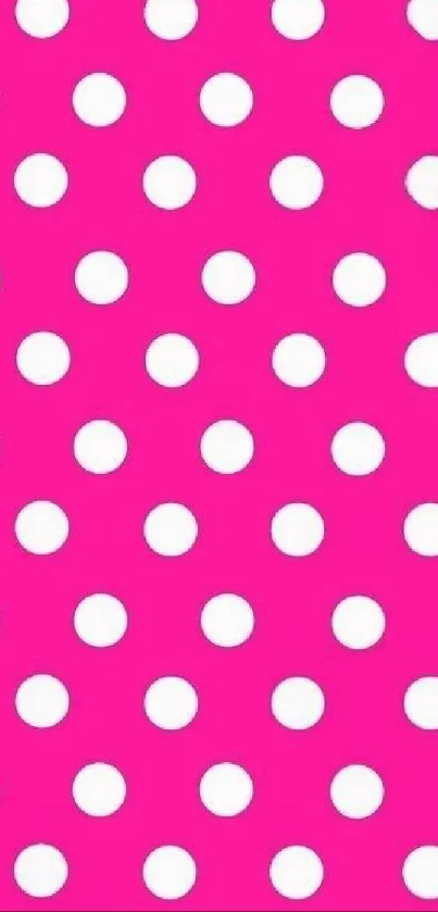 Bright pink polka dot wallpaper with white circles.