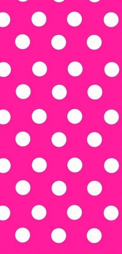 Bright pink wallpaper with white polka dots.