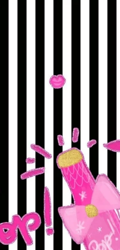 Pop art wallpaper with pink bottle and stripes.