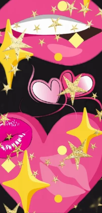 Playful pop art wallpaper with pink hearts and golden stars on black.