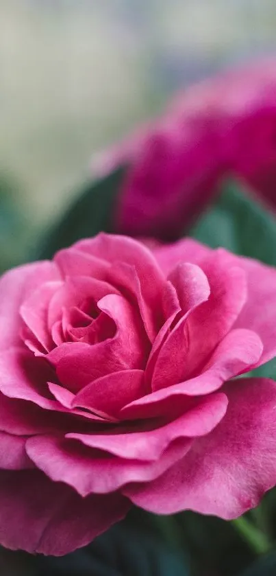 Close-up of a vibrant pink rose with green leaves.