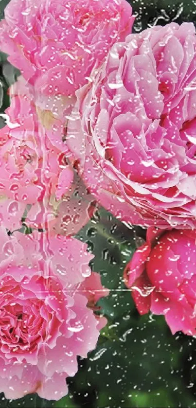 Vibrant pink roses in full bloom, set against lush green leaves.