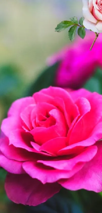 Vibrant pink rose with green leaves mobile wallpaper.