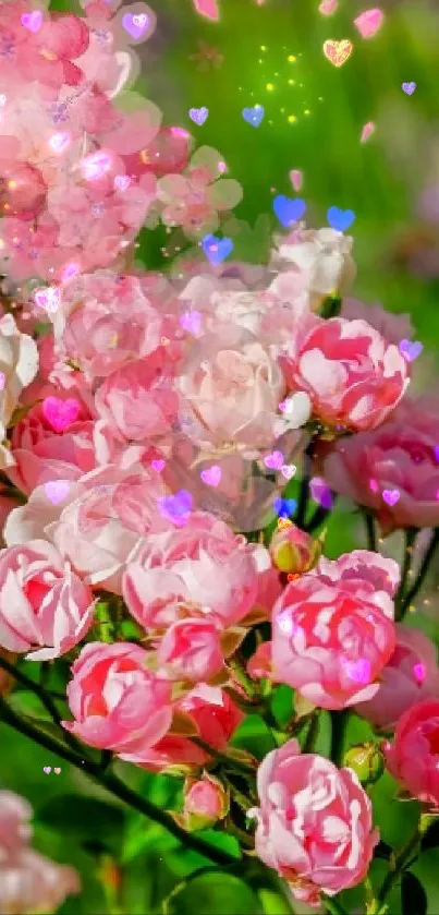 Pink roses in a lush garden with green leaves and vibrant petals.