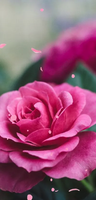 Vibrant pink rose with green leaves in a garden setting.