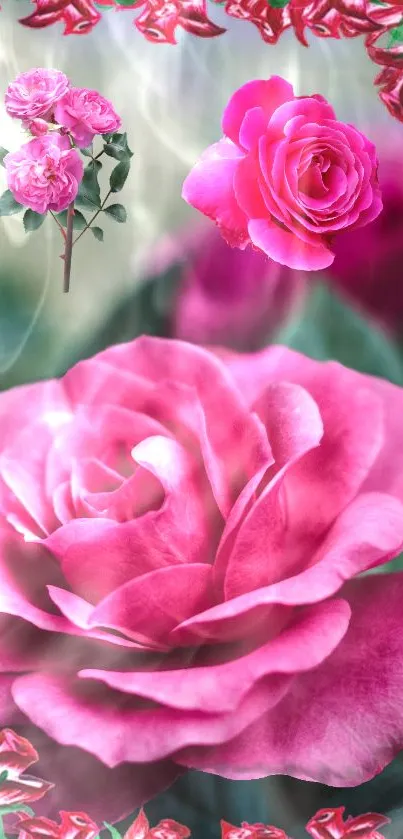 Pink roses with dewy petals and vibrant floral display.