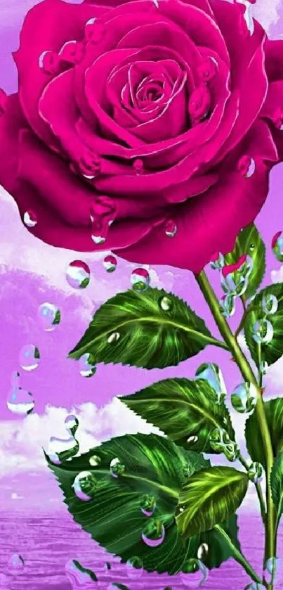 Vibrant pink rose with raindrops on a purple background