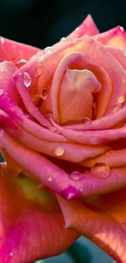 Close-up of a vibrant pink rose with dewdrops.