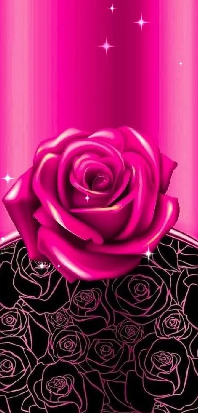 Mobile wallpaper with vibrant pink rose and ornate black floral pattern.