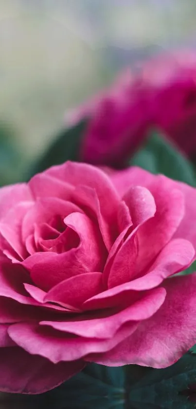 Close-up of a vibrant pink rose with green leaves.