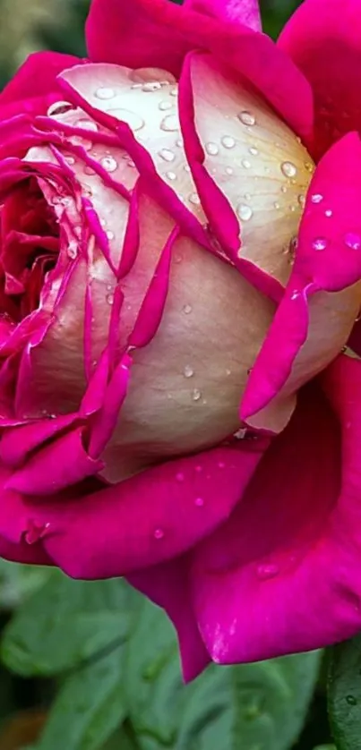 Vibrant pink rose with water droplets, perfect for wallpaper.