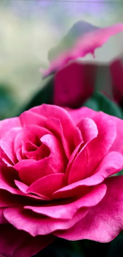 Close-up of a vibrant pink rose with blurred green background.