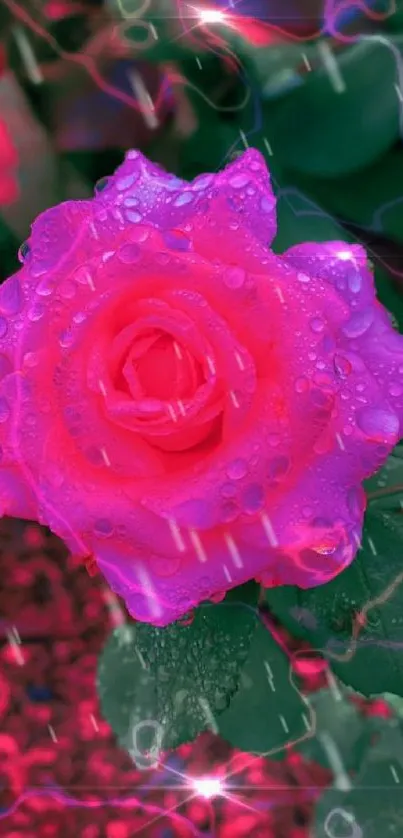 A vibrant pink rose with dew droplets and neon effects on leaves.