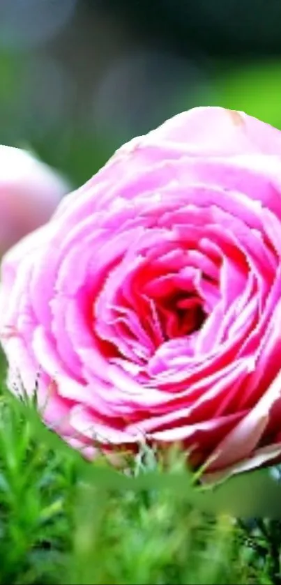 Vibrant pink rose with green leaves background.