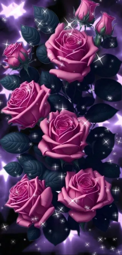 Mobile wallpaper with pink roses and sparkling purple stars.