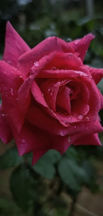 Vibrant pink rose with raindrops in focus against a blurred background.