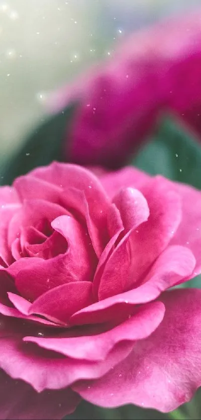 Close-up of a vibrant pink rose with soft-focus leaves in the background.