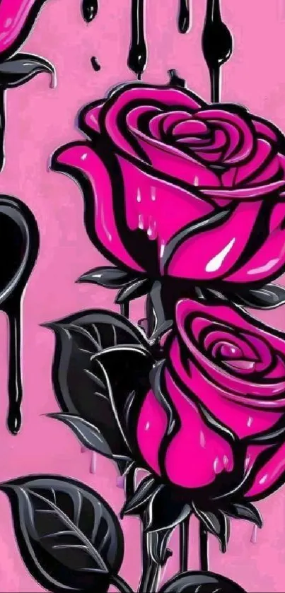 Stylish pink roses with black accents on wallpaper.