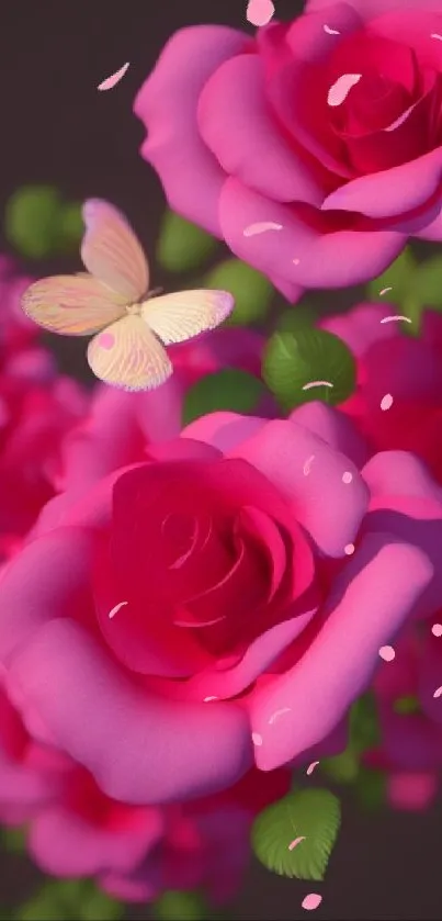 Vibrant mobile wallpaper with pink roses and butterflies.