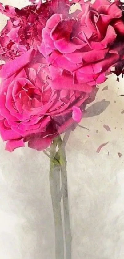 Vibrant pink roses in digital art style on wallpaper.