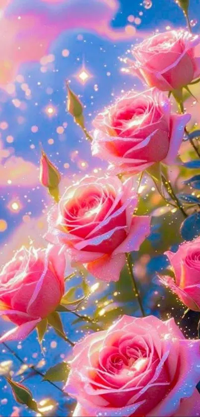 Pink roses in a sparkling fantasy scene wallpaper