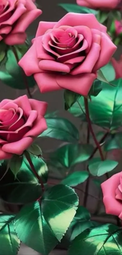 Wallpaper with vibrant pink roses and green leaves.