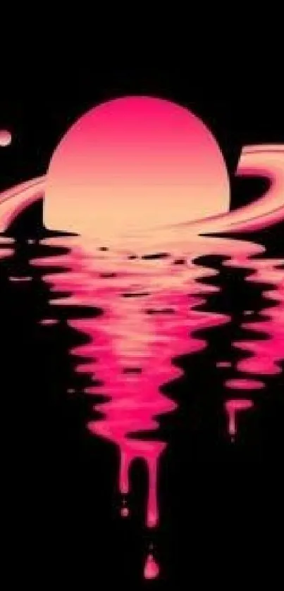 Artistic rendering of pink Saturn with reflection on dark background.