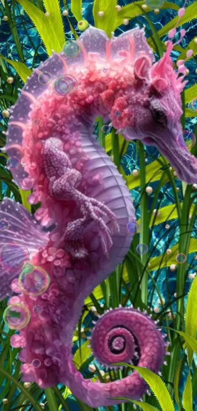 Colorful pink seahorse in underwater setting with vibrant details.