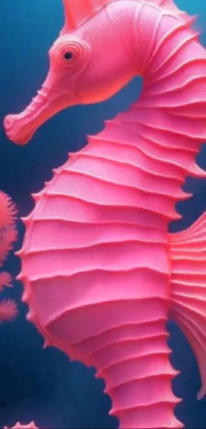 Vibrant pink seahorse in ocean depths amidst coral.