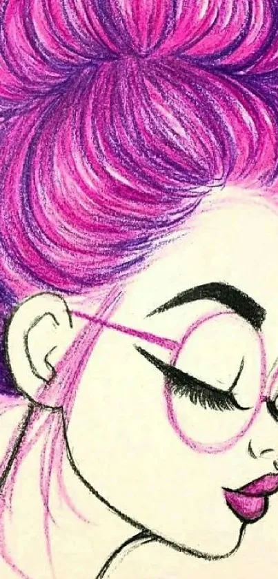 Vibrant pink sketch of a woman with hair up and glasses.