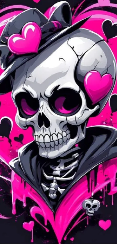 Pink skull with hearts mobile wallpaper, vibrant and trendy.