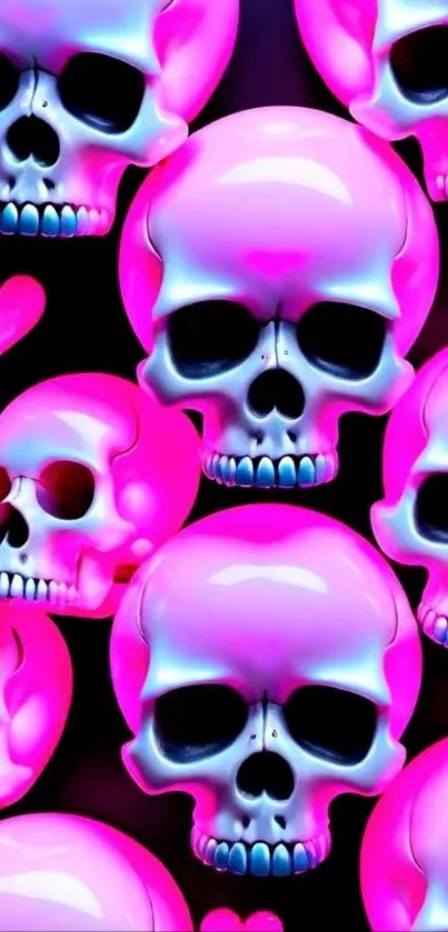 Vibrant repeating pink skulls and hearts on a dark background.