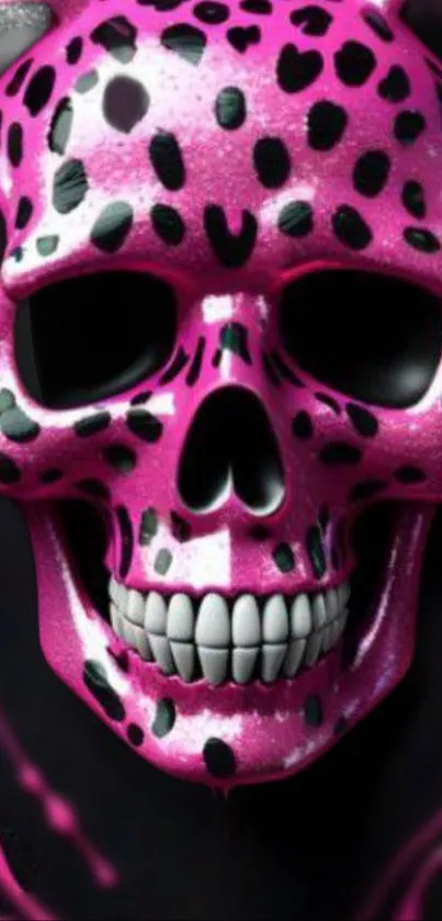 Vibrant pink skull with black leopard spots, features bold design.