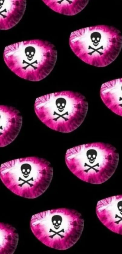 Bold wallpaper with vibrant pink skulls on black background.