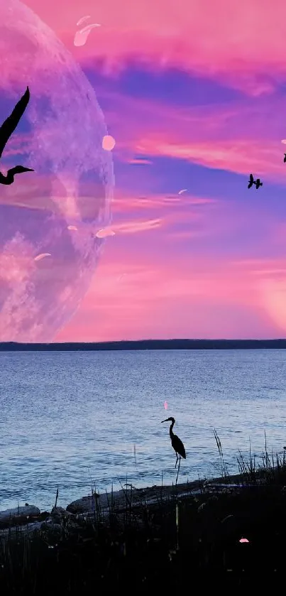 Vibrant pink sky wallpaper with birds and moon.