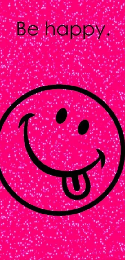 Vibrant pink wallpaper with smiley face and 'Be happy' text.