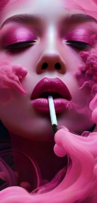 Surreal pink smoke art with bold makeup.