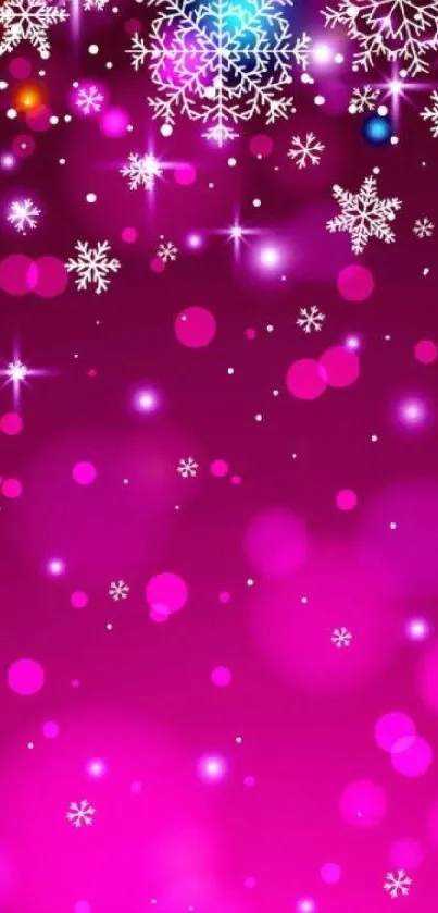 Pink mobile wallpaper with snowflakes and glowing lights.