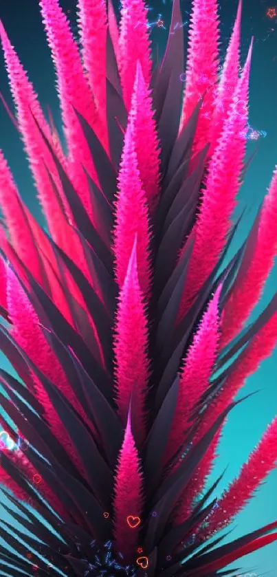 Vibrant pink and purple spiky plant on turquoise background.