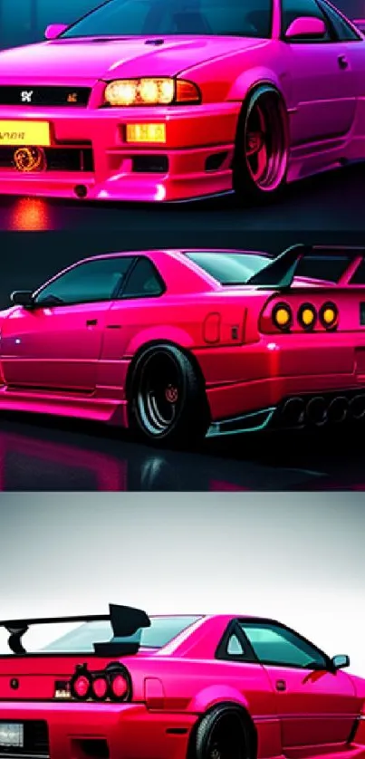 Vibrant pink sports car in urban neon lights.