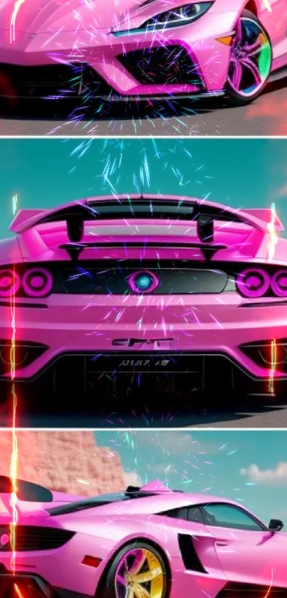 Sleek pink sports car with colorful accents and a luxury design on scenic road.