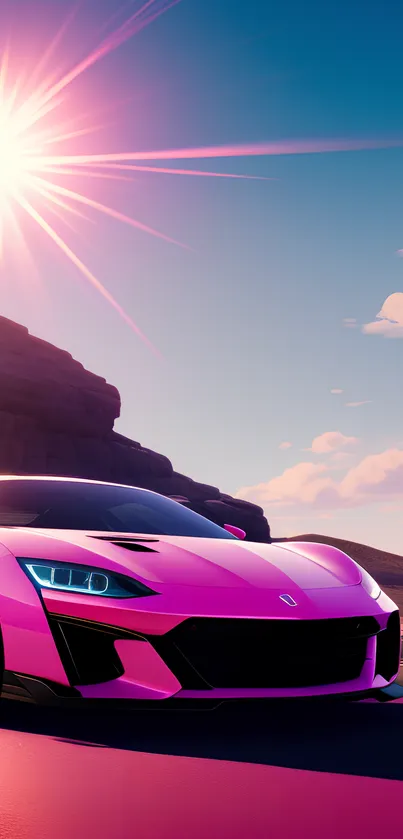 Futuristic pink sports car on a desert road under a bright sun.