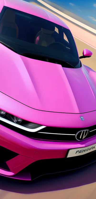 Bright pink sports car on a dynamic road.