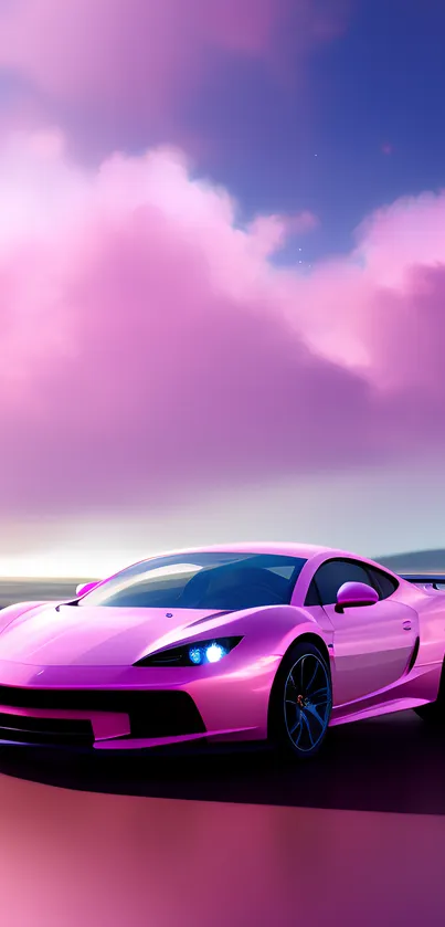 Vibrant pink sports car under dynamic clouds in a sleek, stylish wallpaper setting.